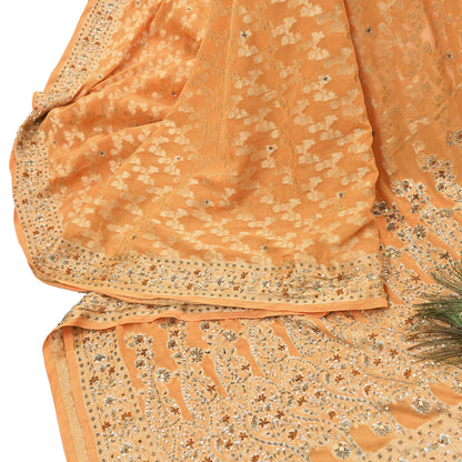 Indian Vintage Heavy Saffron Saree Georgette Hand Embroidered Sari Craft Fabric 6Yd Sewing Soft Ethnic Zari Dress Making wedding Sari