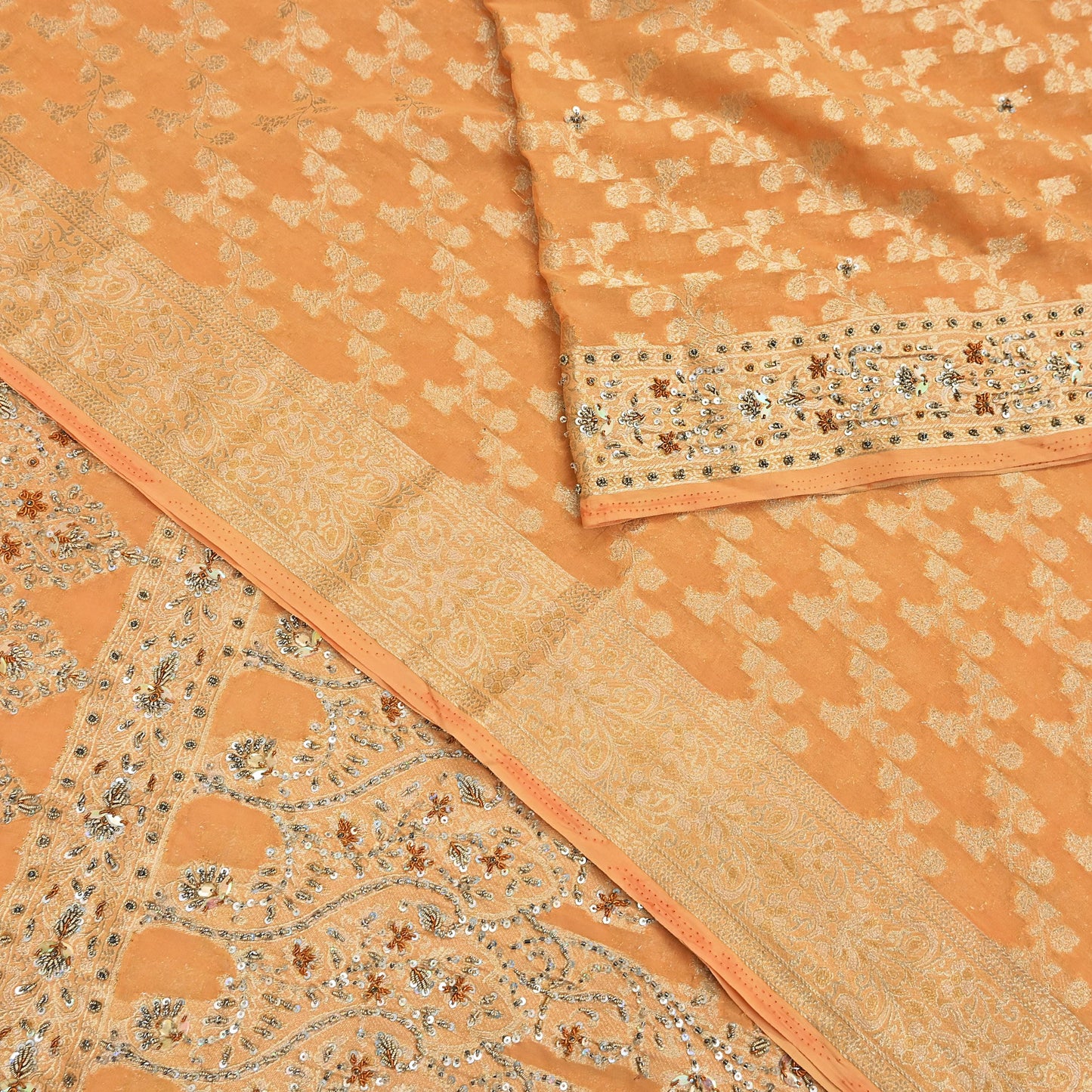 Indian Vintage Heavy Saffron Saree Georgette Hand Embroidered Sari Craft Fabric 6Yd Sewing Soft Ethnic Zari Dress Making wedding Sari