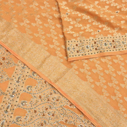 Indian Vintage Heavy Saffron Saree Georgette Hand Embroidered Sari Craft Fabric 6Yd Sewing Soft Ethnic Zari Dress Making wedding Sari
