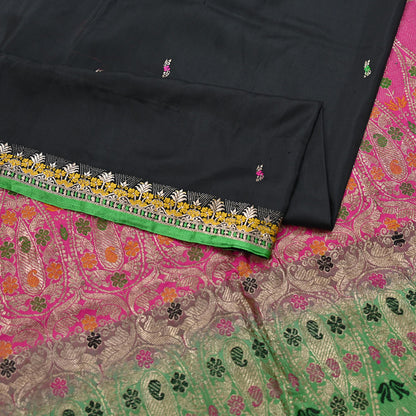 Indian Vintage Sari Green & Pink Hand Woven Sarees 100% Pure Silk Zari 5Yd Craft Fabric Sewing Dress making Quilting Crafting