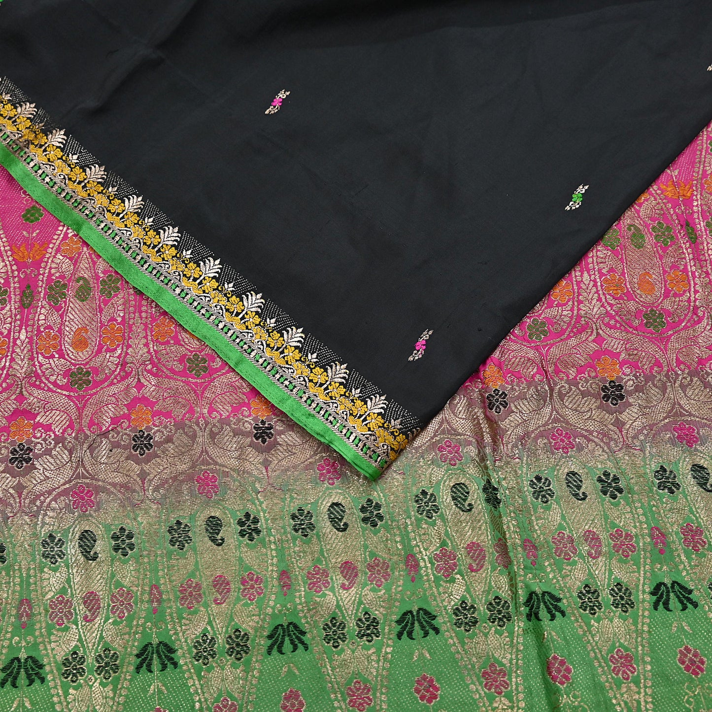 Indian Vintage Sari Green & Pink Hand Woven Sarees 100% Pure Silk Zari 5Yd Craft Fabric Sewing Dress making Quilting Crafting