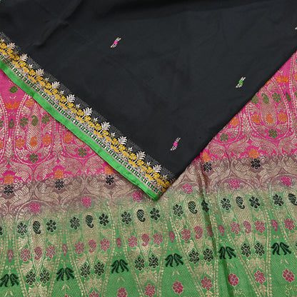 Indian Vintage Sari Green & Pink Hand Woven Sarees 100% Pure Silk Zari 5Yd Craft Fabric Sewing Dress making Quilting Crafting