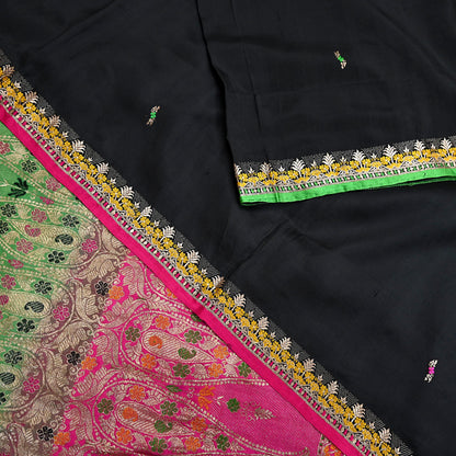 Indian Vintage Sari Green & Pink Hand Woven Sarees 100% Pure Silk Zari 5Yd Craft Fabric Sewing Dress making Quilting Crafting