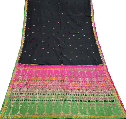 Indian Vintage Sari Green & Pink Hand Woven Sarees 100% Pure Silk Zari 5Yd Craft Fabric Sewing Dress making Quilting Crafting