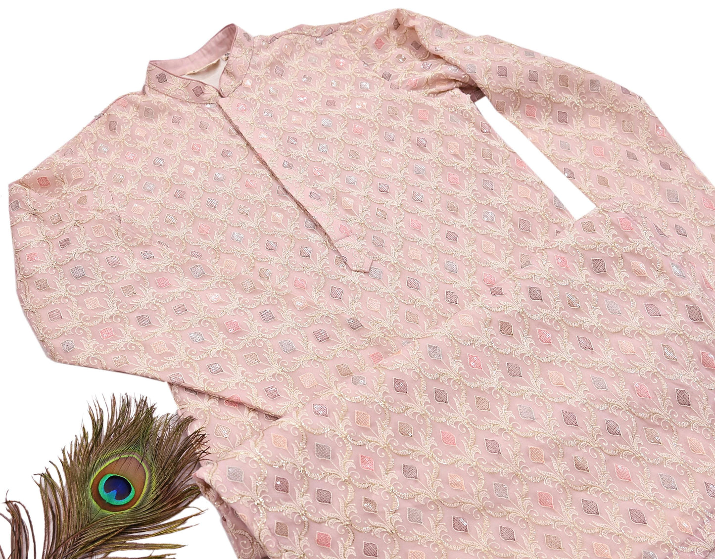 Vintage PInk & Georgette Sherwani Embroidered Mens Wedding Coat Indian Groom Outfit Bandhgala Royal Wear