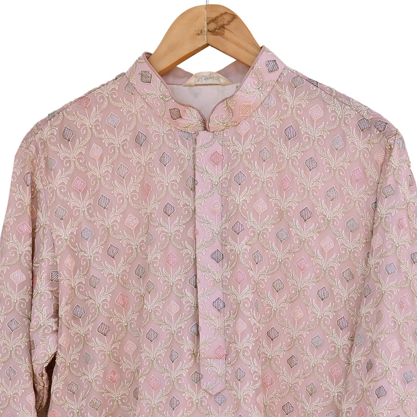 Vintage PInk & Georgette Sherwani Embroidered Mens Wedding Coat Indian Groom Outfit Bandhgala Royal Wear