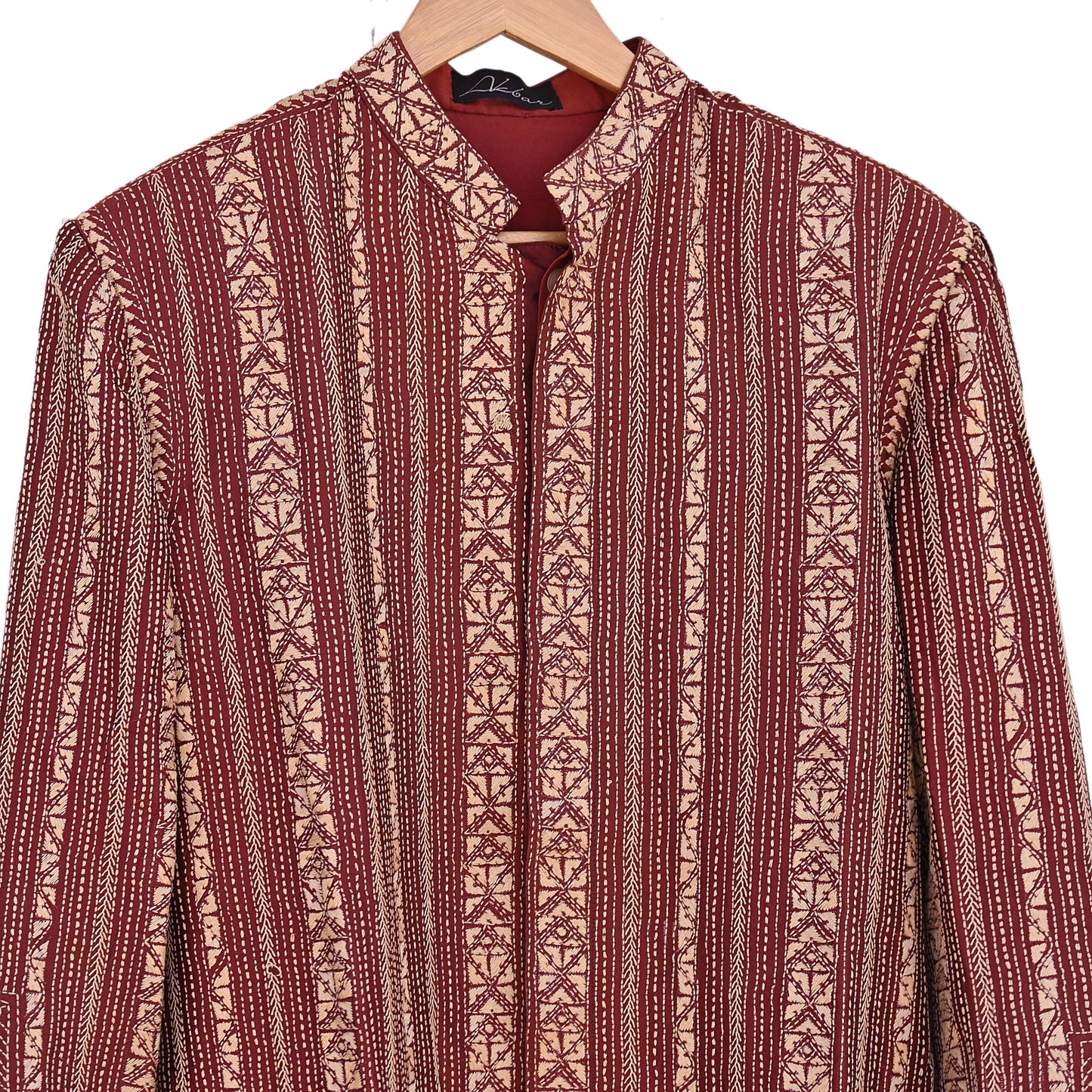 Vintage Kantha Silk Kurta Rusty Red Hand Embroidered Mens Indian Ethnic Kurta Boho Festival Long Kurta Dress