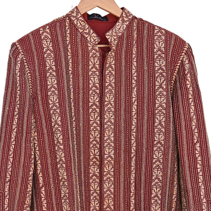 Vintage Kantha Silk Kurta Rusty Red Hand Embroidered Mens Indian Ethnic Kurta Boho Festival Long Kurta Dress