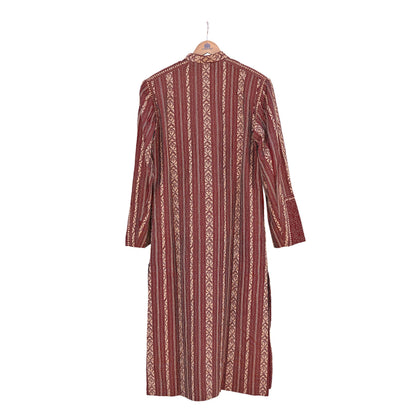 Vintage Kantha Silk Kurta Rusty Red Hand Embroidered Mens Indian Ethnic Kurta Boho Festival Long Kurta Dress