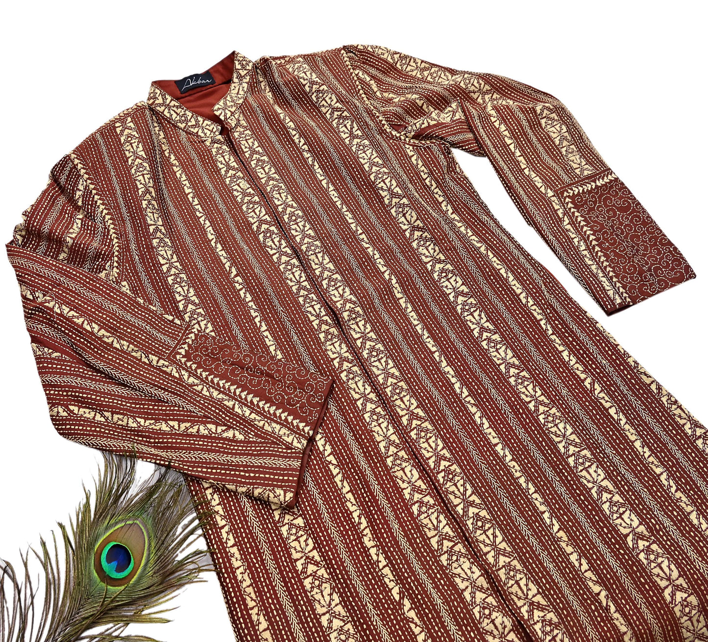 Vintage Kantha Silk Kurta Rusty Red Hand Embroidered Mens Indian Ethnic Kurta Boho Festival Long Kurta Dress