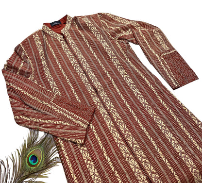 Vintage Kantha Silk Kurta Rusty Red Hand Embroidered Mens Indian Ethnic Kurta Boho Festival Long Kurta Dress