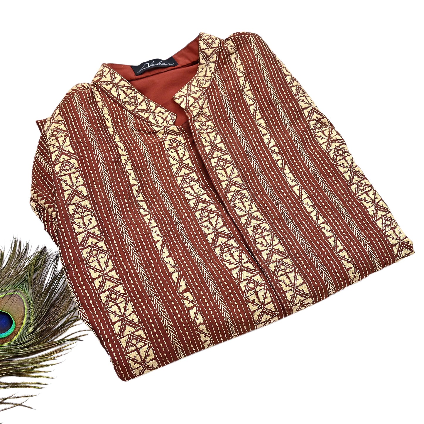 Vintage Kantha Silk Kurta Rusty Red Hand Embroidered Mens Indian Ethnic Kurta Boho Festival Long Kurta Dress