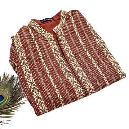 Vintage Kantha Silk Kurta Rusty Red Hand Embroidered Mens Indian Ethnic Kurta Boho Festival Long Kurta Dress