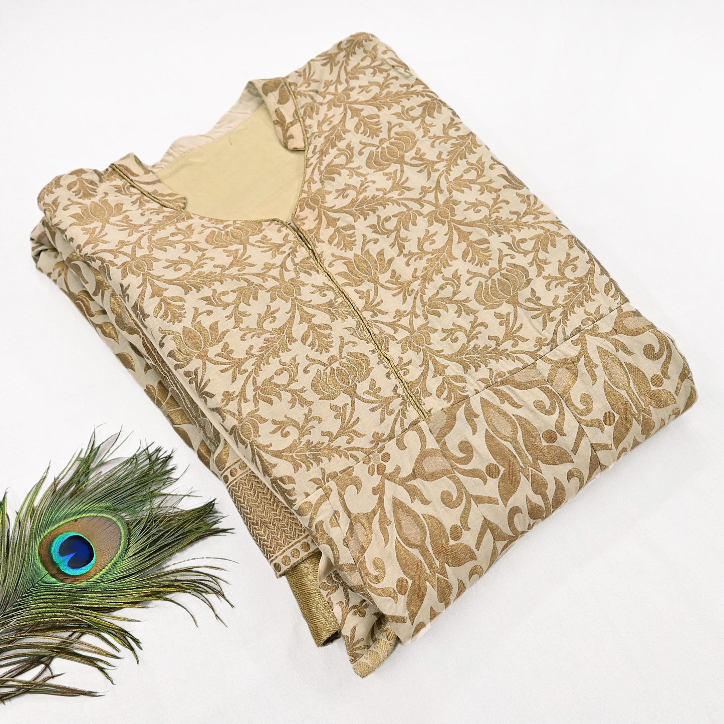 Vintage IVory Woven zari Work Khadi Silk Suit Set, Hand Embroidered Indian Kurta Dupatta, Party Wear Ethnic Outfit
