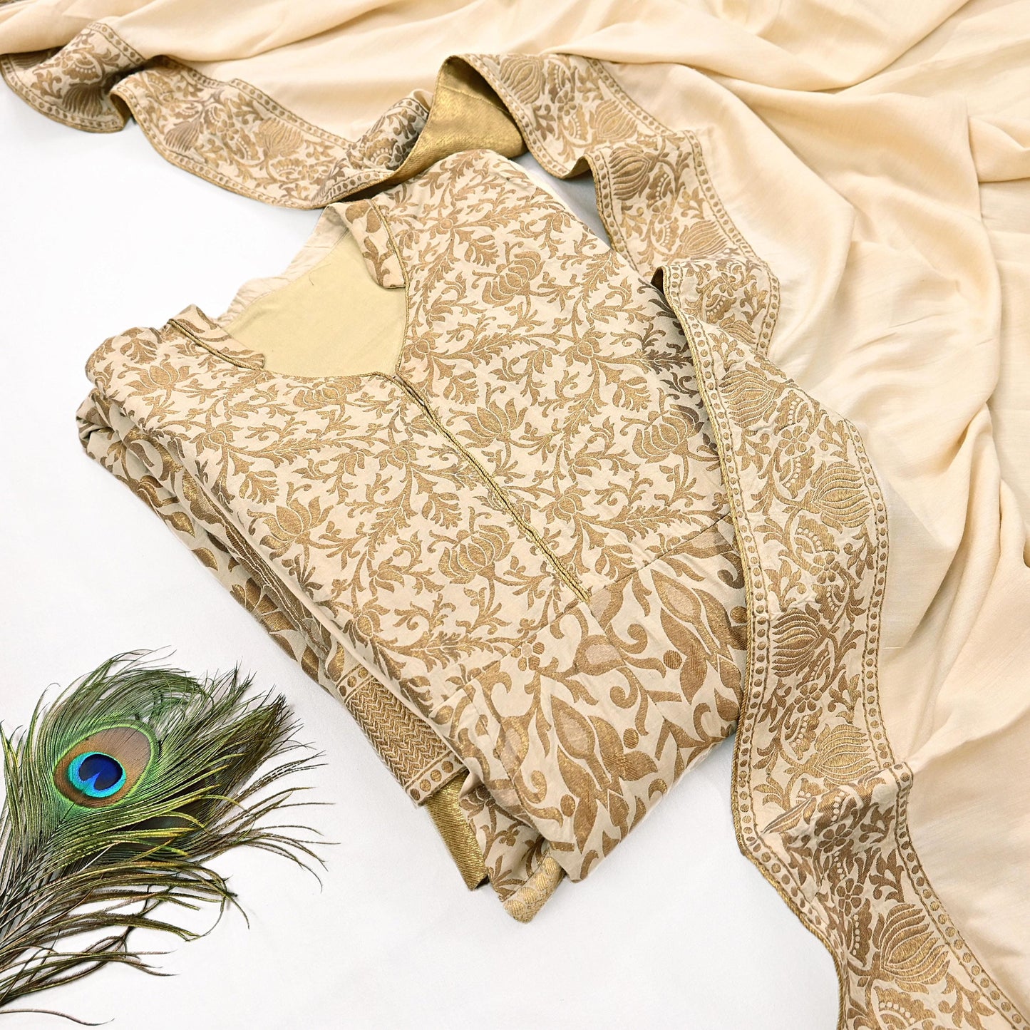 Vintage IVory Woven zari Work Khadi Silk Suit Set, Hand Embroidered Indian Kurta Dupatta, Party Wear Ethnic Outfit