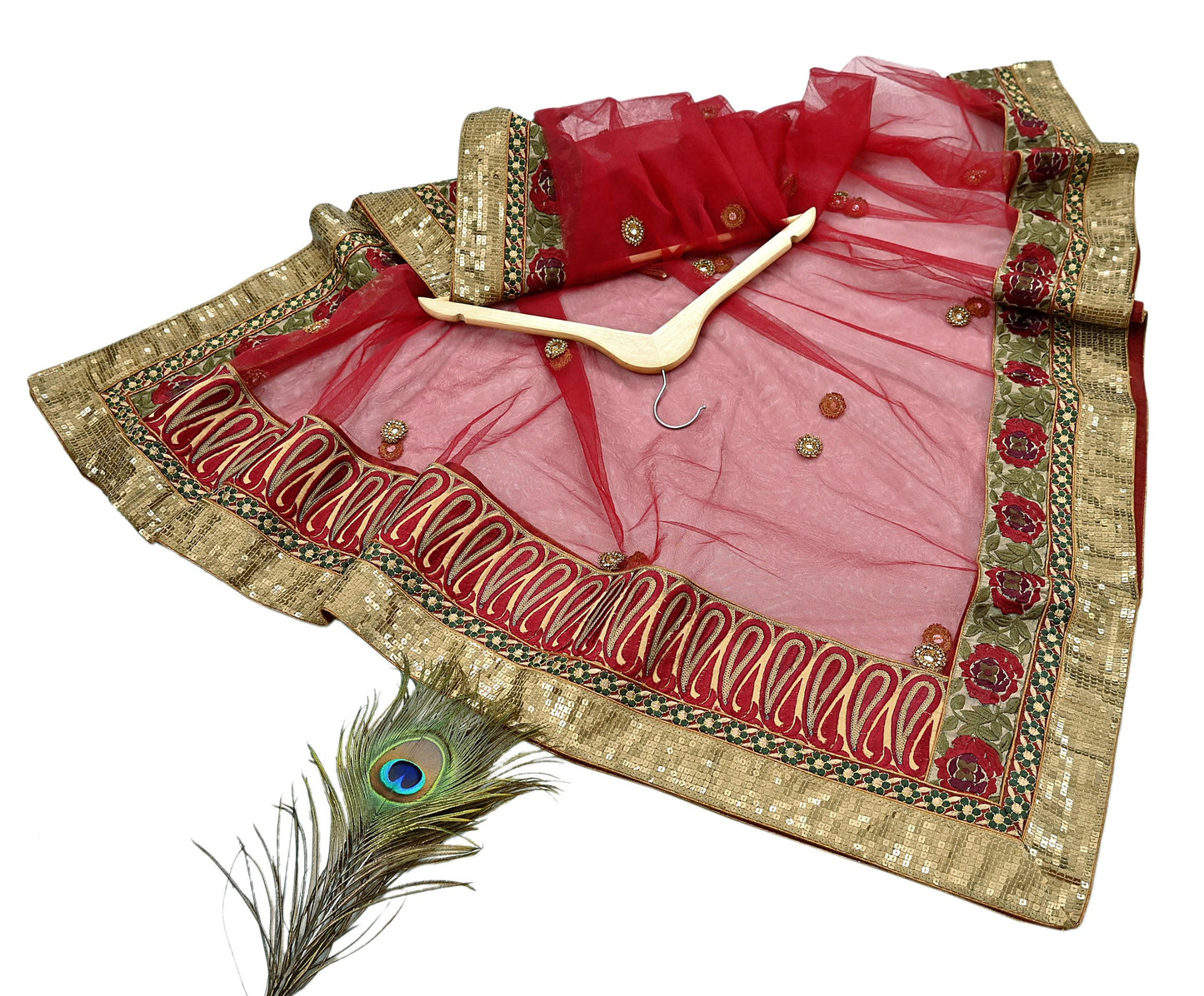 Indian Vintage Beige & Red Net/Mesh Hand Embroidered Lehenga 2pcs Set Bridal Party Wear With Blouse/Dupatta Bollywood Lehenga Zardozi/ Dabka
