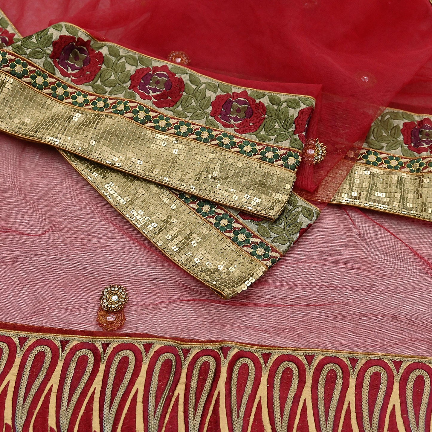 Indian Vintage Beige & Red Net/Mesh Hand Embroidered Lehenga 2pcs Set Bridal Party Wear With Blouse/Dupatta Bollywood Lehenga Zardozi/ Dabka