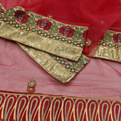 Indian Vintage Beige & Red Net/Mesh Hand Embroidered Lehenga 2pcs Set Bridal Party Wear With Blouse/Dupatta Bollywood Lehenga Zardozi/ Dabka