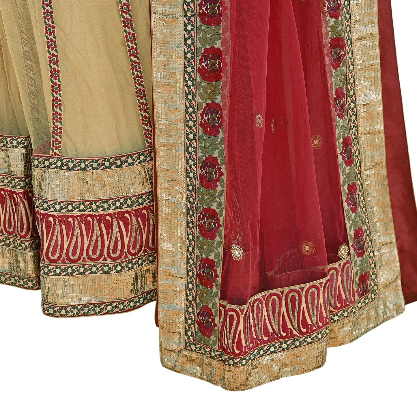 Indian Vintage Beige & Red Net/Mesh Hand Embroidered Lehenga 2pcs Set Bridal Party Wear With Blouse/Dupatta Bollywood Lehenga Zardozi/ Dabka
