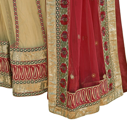 Indian Vintage Beige & Red Net/Mesh Hand Embroidered Lehenga 2pcs Set Bridal Party Wear With Blouse/Dupatta Bollywood Lehenga Zardozi/ Dabka