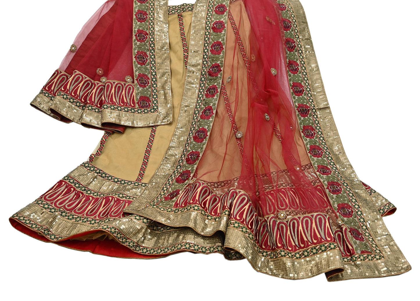 Indian Vintage Beige & Red Net/Mesh Hand Embroidered Lehenga 2pcs Set Bridal Party Wear With Blouse/Dupatta Bollywood Lehenga Zardozi/ Dabka