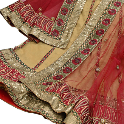 Indian Vintage Beige & Red Net/Mesh Hand Embroidered Lehenga 2pcs Set Bridal Party Wear With Blouse/Dupatta Bollywood Lehenga Zardozi/ Dabka