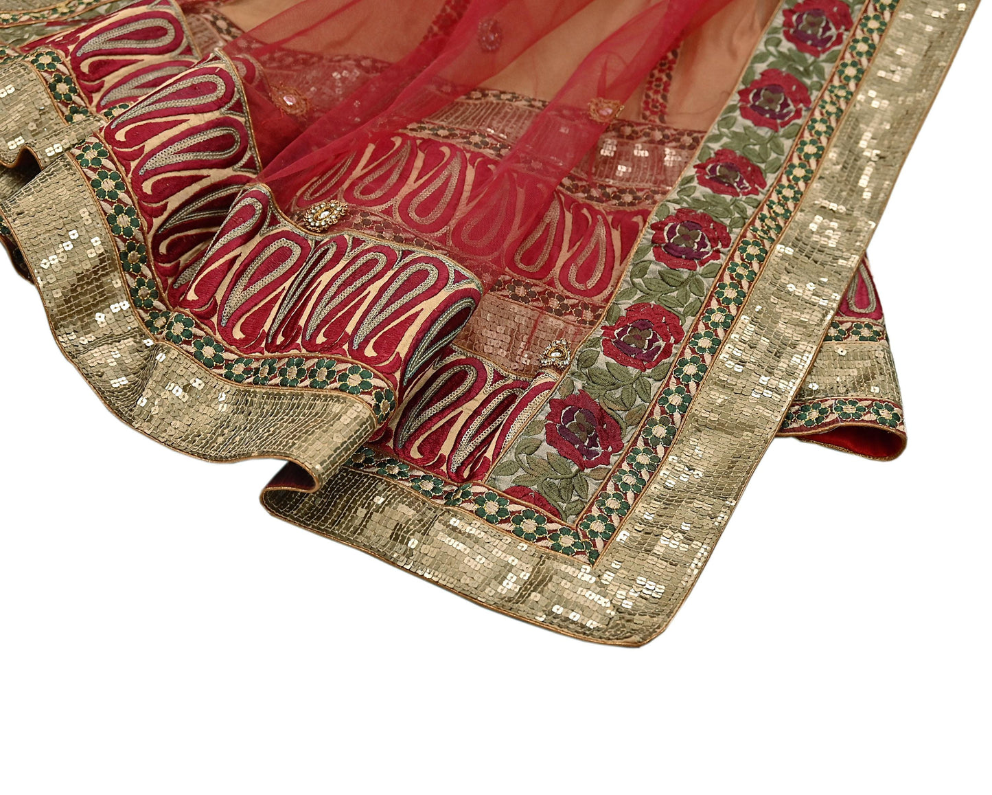 Indian Vintage Beige & Red Net/Mesh Hand Embroidered Lehenga 2pcs Set Bridal Party Wear With Blouse/Dupatta Bollywood Lehenga Zardozi/ Dabka