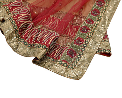 Indian Vintage Beige & Red Net/Mesh Hand Embroidered Lehenga 2pcs Set Bridal Party Wear With Blouse/Dupatta Bollywood Lehenga Zardozi/ Dabka