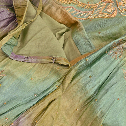 Indian Vintage Heavy Green Pure Silk Hand Embroidered Lehenga/Dupatta party Wear Zardozi/ Dabka, Zari