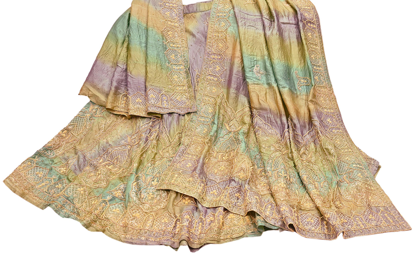 Indian Vintage Heavy Green Pure Silk Hand Embroidered Lehenga/Dupatta party Wear Zardozi/ Dabka, Zari