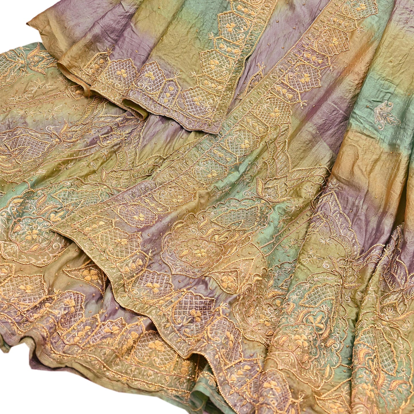 Indian Vintage Heavy Green Pure Silk Hand Embroidered Lehenga/Dupatta party Wear Zardozi/ Dabka, Zari