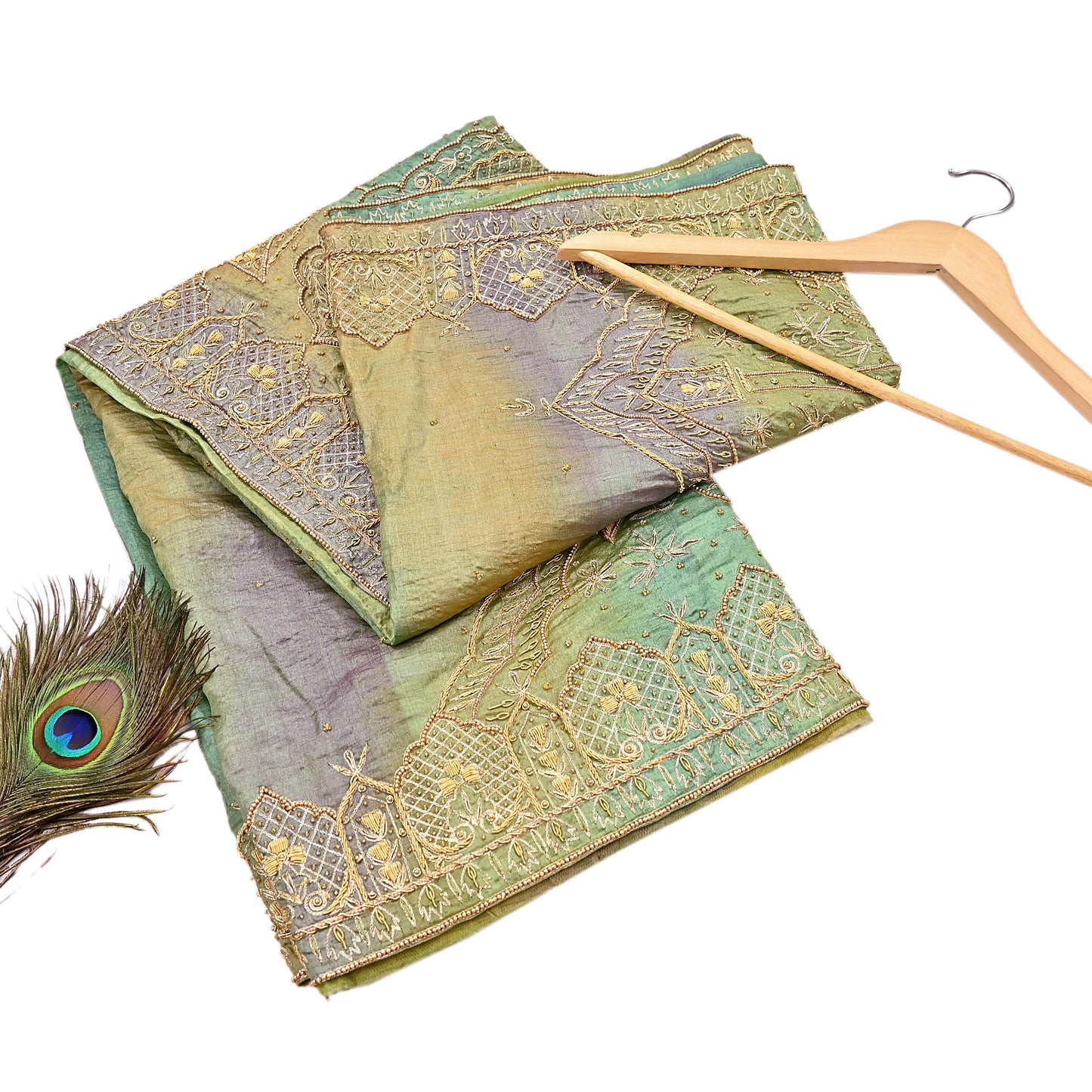 Indian Vintage Green & Purple Dupatta Pure Silk Long Stole Hand Embroidered Scarves Sequins Veil Wrap Hijab