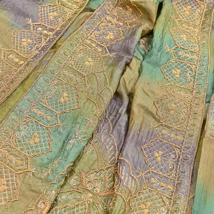Indian Vintage Green & Purple Dupatta Pure Silk Long Stole Hand Embroidered Scarves Sequins Veil Wrap Hijab