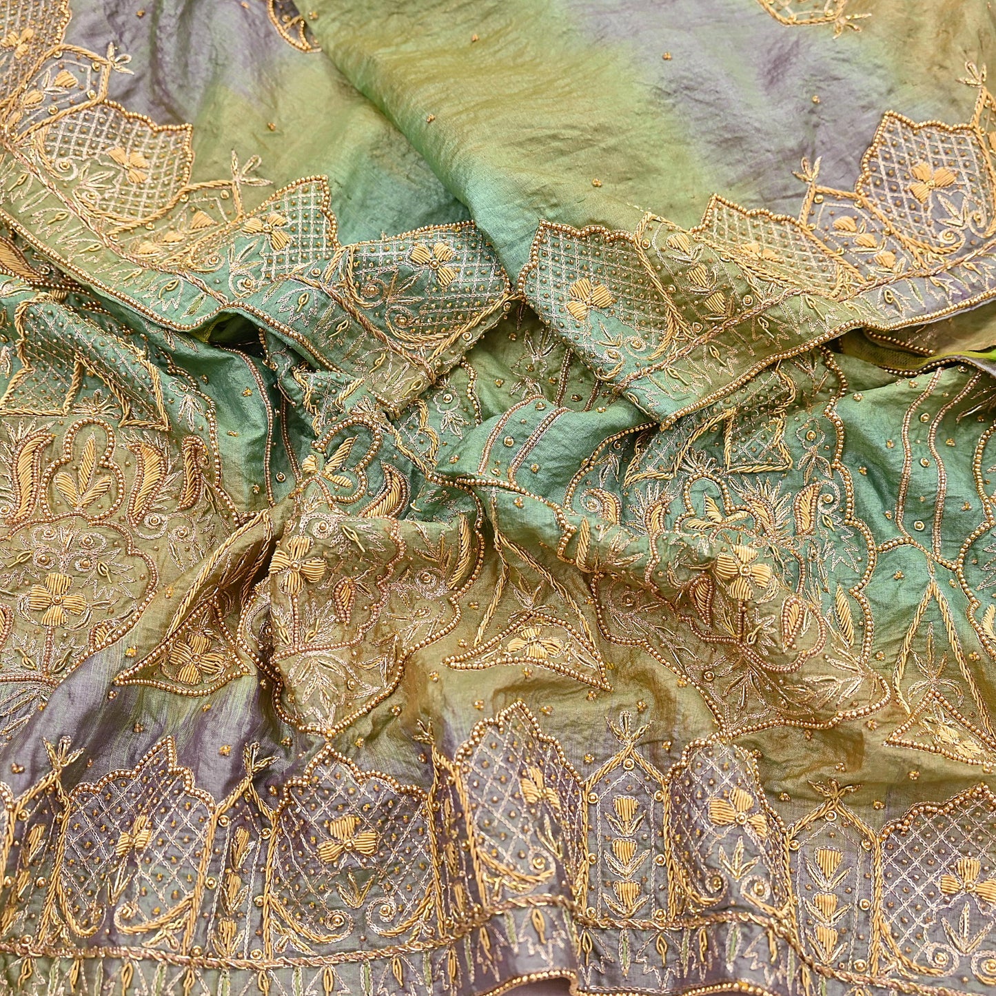 Indian Vintage Green & Purple Dupatta Pure Silk Long Stole Hand Embroidered Scarves Sequins Veil Wrap Hijab