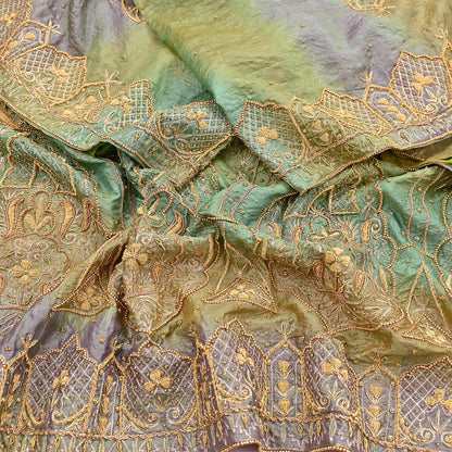 Indian Vintage Green & Purple Dupatta Pure Silk Long Stole Hand Embroidered Scarves Sequins Veil Wrap Hijab