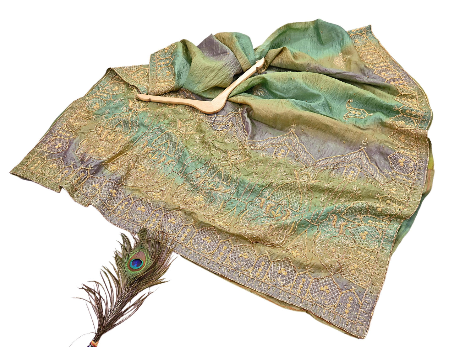 Indian Vintage Green & Purple Dupatta Pure Silk Long Stole Hand Embroidered Scarves Sequins Veil Wrap Hijab