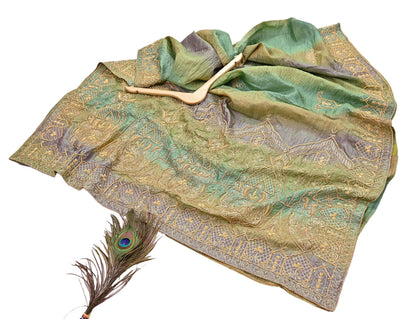 Indian Vintage Green & Purple Dupatta Pure Silk Long Stole Hand Embroidered Scarves Sequins Veil Wrap Hijab