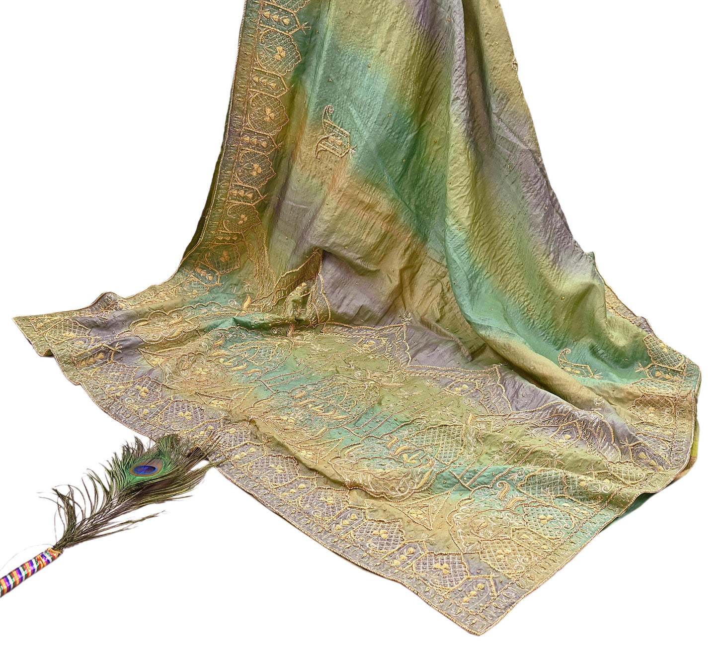 Indian Vintage Green & Purple Dupatta Pure Silk Long Stole Hand Embroidered Scarves Sequins Veil Wrap Hijab