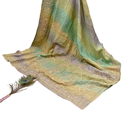 Indian Vintage Green & Purple Dupatta Pure Silk Long Stole Hand Embroidered Scarves Sequins Veil Wrap Hijab