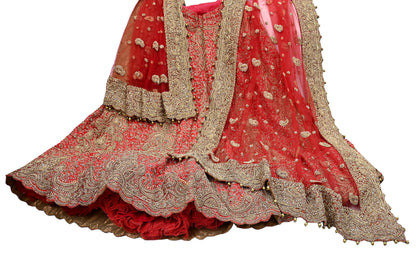 Indian Vintage Hand Embroidered Red Raw Silk Lehenga 2pcs Set, Bollywood Wedding Wear