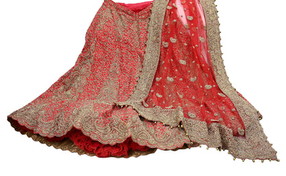 Indian Vintage Hand Embroidered Red Raw Silk Lehenga 2pcs Set, Bollywood Wedding Wear