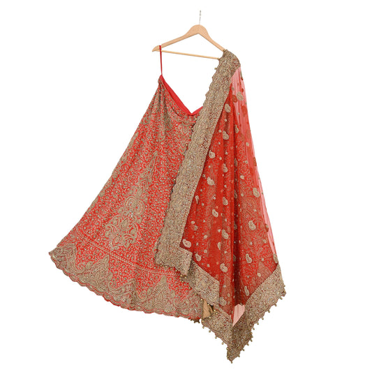Indian Vintage Hand Embroidered Red Raw Silk Lehenga 2pcs Set, Bollywood Wedding Wear