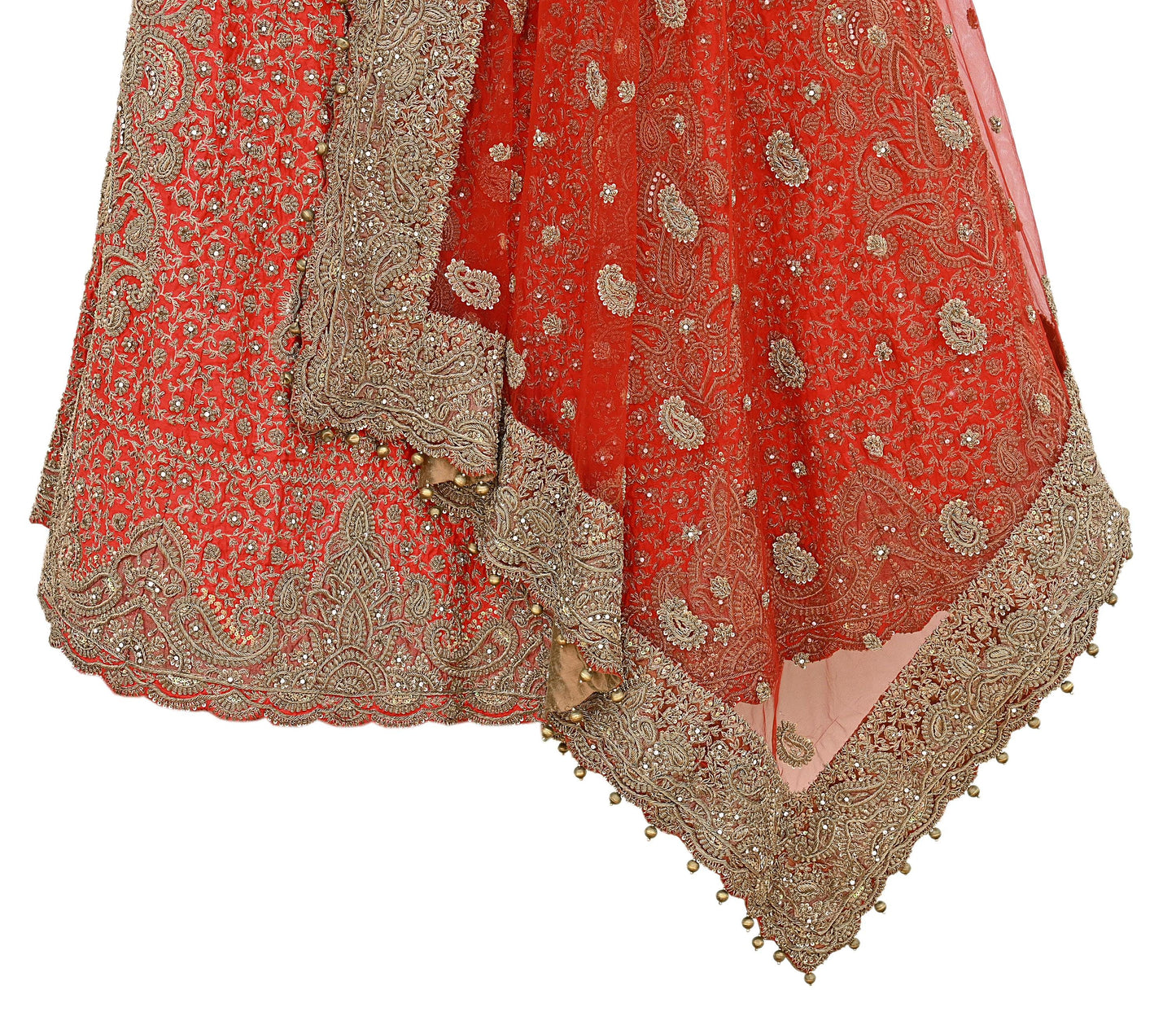 Indian Vintage Hand Embroidered Red Raw Silk Lehenga 2pcs Set, Bollywood Wedding Wear