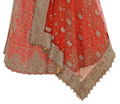 Indian Vintage Hand Embroidered Red Raw Silk Lehenga 2pcs Set, Bollywood Wedding Wear