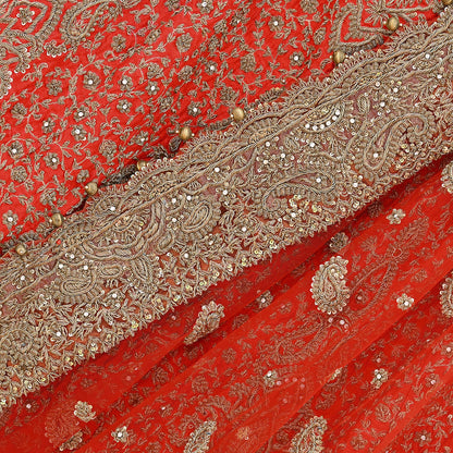 Indian Vintage Hand Embroidered Red Raw Silk Lehenga 2pcs Set, Bollywood Wedding Wear