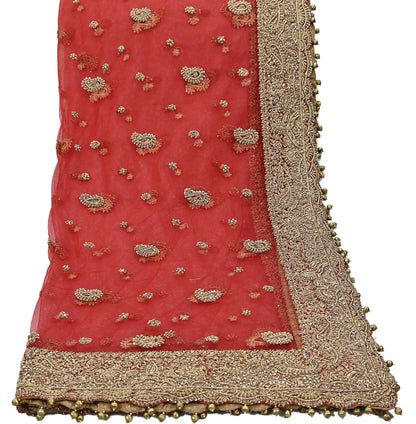 Indian Vintage Heavy Bridal Red Dupatta Net Mesh Long Stole Hand Embroidered Scarves Golden Zardozi Dabka Zari Sequins Wedding Veil Hijab