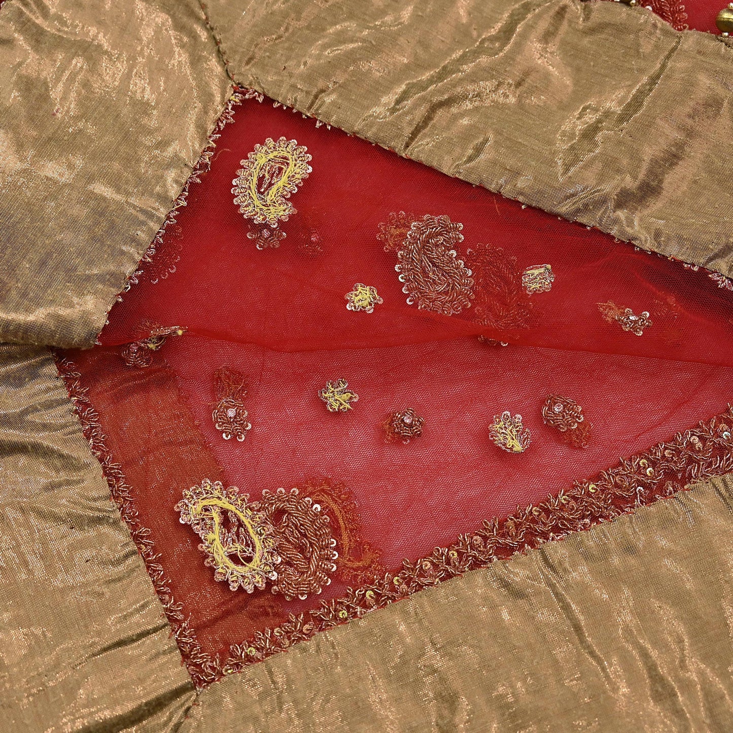 Indian Vintage Heavy Bridal Red Dupatta Net Mesh Long Stole Hand Embroidered Scarves Golden Zardozi Dabka Zari Sequins Wedding Veil Hijab