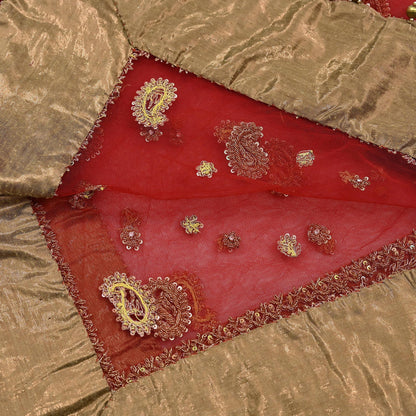 Indian Vintage Heavy Bridal Red Dupatta Net Mesh Long Stole Hand Embroidered Scarves Golden Zardozi Dabka Zari Sequins Wedding Veil Hijab