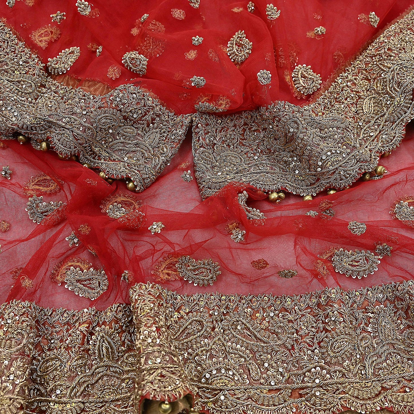 Indian Vintage Heavy Bridal Red Dupatta Net Mesh Long Stole Hand Embroidered Scarves Golden Zardozi Dabka Zari Sequins Wedding Veil Hijab