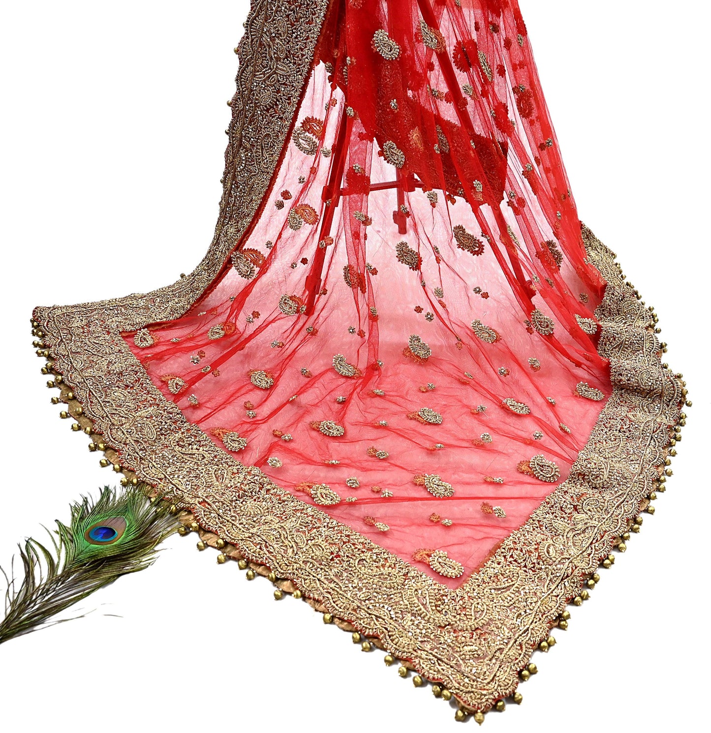 Indian Vintage Heavy Bridal Red Dupatta Net Mesh Long Stole Hand Embroidered Scarves Golden Zardozi Dabka Zari Sequins Wedding Veil Hijab